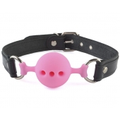Розовый кляп-шар на черных кожаных ремешках - Sitabella - купить с доставкой в Люберцах