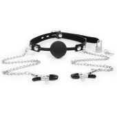 Черный кляп-шарик с зажимами на соски на металлической цепочке - Notabu - купить с доставкой в Люберцах