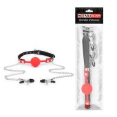 Красный кляп-шарик с зажимами на соски на металлической цепочке - Notabu - купить с доставкой в Люберцах