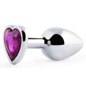 Серебристая анальная пробка с фиолетовым кристаллом-сердечком - 8 см. - Anal Jewelry Plug - купить с доставкой в Люберцах