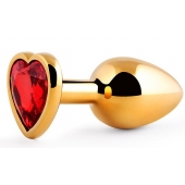 Золотистая анальная пробка с красным стразом-сердечком - 8 см. - Anal Jewelry Plug - купить с доставкой в Люберцах