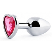 Серебристая анальная пробка с розовым кристаллом-сердечком - 7 см. - Anal Jewelry Plug - купить с доставкой в Люберцах