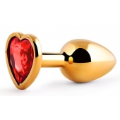 Золотистая анальная пробка с красным стразом-сердечком - 7 см. - Anal Jewelry Plug - купить с доставкой в Люберцах