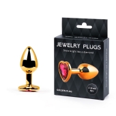 Золотистая анальная пробка с малиновым кристаллом-сердечком - 7 см. - Anal Jewelry Plug - купить с доставкой в Люберцах