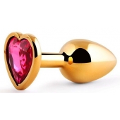 Золотистая анальная пробка с малиновым кристаллом-сердечком - 7 см. - Anal Jewelry Plug - купить с доставкой в Люберцах