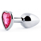 Серебристая анальная пробка с малиновым кристаллом-сердечком - 7 см. - Anal Jewelry Plug - купить с доставкой в Люберцах