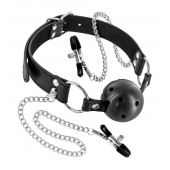 Жесткий шар-кляп с зажимами для сосков - Fetish Tentation - купить с доставкой в Люберцах