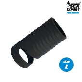 Черная открытая насадка на пенис с кольцом для мошонки L-size - 8,5 см. - Sex Expert - в Люберцах купить с доставкой