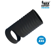 Черная открытая насадка на пенис с кольцом для мошонки XXL-size - 9,4 см. - Sex Expert - в Люберцах купить с доставкой