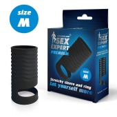 Черная открытая насадка на пенис с кольцом для мошонки size M - 7,9 см. - Sex Expert - в Люберцах купить с доставкой