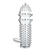 Прозрачная насадка на пенис с шипами и стимулятором клитора - 14,2 см.