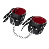 Черные кожаные оковы с двумя ремнями и красной подкладкой - Pecado - купить с доставкой в Люберцах