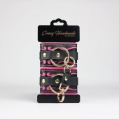 Черные кожаные наручники с розовой строчкой - Crazy Handmade - купить с доставкой в Люберцах