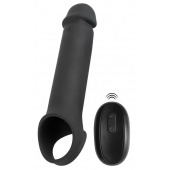 Черная вибронасадка для пениса с хомутом для мошонки и пультом ДУ Remote Controlled Penis Extension - Orion - в Люберцах купить с доставкой