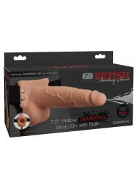 Телесный полый страпон с имитацией эякуляции 7.5  Hollow Squirting Strap-On with Balls Flesh - 21,6 см. - Pipedream - купить с доставкой в Люберцах