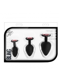 Набор черных анальных пробок с красным кристаллом-сердечком Bling Plugs Training Kit - Blush Novelties - купить с доставкой в Люберцах