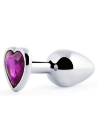 Серебристая анальная пробка с фиолетовым кристаллом-сердечком - 8 см. - Anal Jewelry Plug - купить с доставкой в Люберцах