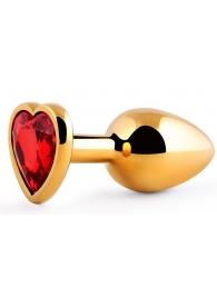 Золотистая анальная пробка с красным стразом-сердечком - 8 см. - Anal Jewelry Plug - купить с доставкой в Люберцах