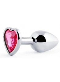 Серебристая анальная пробка с розовым кристаллом-сердечком - 7 см. - Anal Jewelry Plug - купить с доставкой в Люберцах