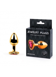 Золотистая анальная пробка с малиновым кристаллом-сердечком - 7 см. - Anal Jewelry Plug - купить с доставкой в Люберцах
