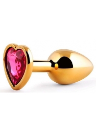 Золотистая анальная пробка с малиновым кристаллом-сердечком - 7 см. - Anal Jewelry Plug - купить с доставкой в Люберцах