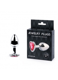 Серебристая анальная пробка с малиновым кристаллом-сердечком - 7 см. - Anal Jewelry Plug - купить с доставкой в Люберцах