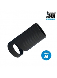 Черная открытая насадка на пенис с кольцом для мошонки size M - 7,9 см. - Sex Expert - в Люберцах купить с доставкой