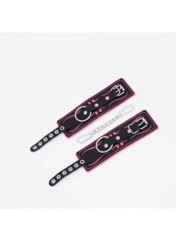 Черно-розовые кожаные наручники с розовой строчкой - Crazy Handmade - купить с доставкой в Люберцах