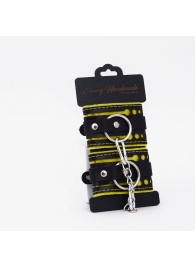 Черно-желтые кожаные наручники с жёлтой строчкой - Crazy Handmade - купить с доставкой в Люберцах