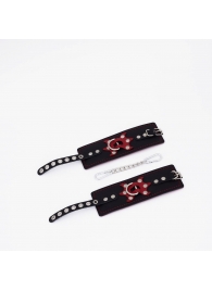 Черные кожаные наручники с красным декором и строчкой - Crazy Handmade - купить с доставкой в Люберцах