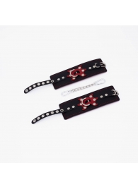 Черные кожаные наручники с красным декором и строчкой - Crazy Handmade - купить с доставкой в Люберцах