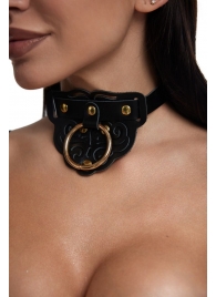 Черный фигурный кожаный ошейник с золотистой фурнитурой - Crazy Handmade - купить с доставкой в Люберцах