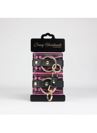 Черные кожаные наручники с розовой строчкой - Crazy Handmade - купить с доставкой в Люберцах