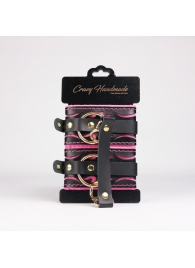 Черные кожаные оковы с розовой строчкой - Crazy Handmade - купить с доставкой в Люберцах