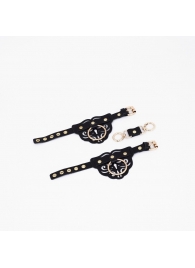 Черные кожаные наручники с клепками, кольцами и золотистой фурнитурой - Crazy Handmade - купить с доставкой в Люберцах