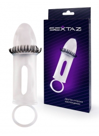 Закрытая насадка на пенис с подхватом мошонки и стимулирующими «ресничками» - Sextaz - в Люберцах купить с доставкой