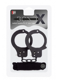 Чёрные наручники из листового металла в комплекте с веревкой BONDX METAL CUFFS LOVE ROPE SET - Dream Toys - купить с доставкой в Люберцах