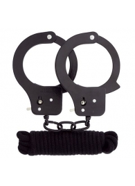 Чёрные наручники из листового металла в комплекте с веревкой BONDX METAL CUFFS LOVE ROPE SET - Dream Toys - купить с доставкой в Люберцах