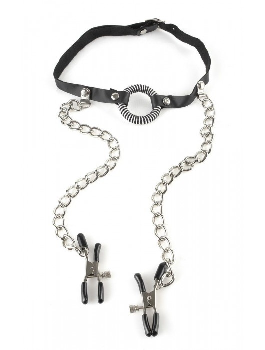 Кляп, соединенный цепочкой с клипсами для сосков - Pipedream - купить с доставкой в Люберцах