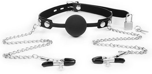 Черный кляп-шарик с зажимами на соски на металлической цепочке - Notabu - купить с доставкой в Люберцах