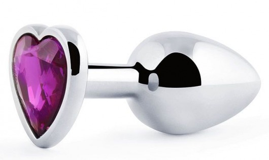 Серебристая анальная пробка с фиолетовым кристаллом-сердечком - 8 см. - Anal Jewelry Plug - купить с доставкой в Люберцах