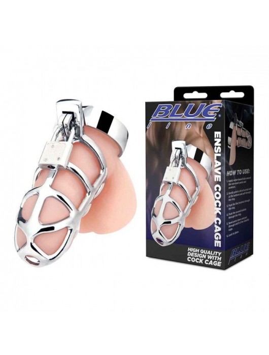 Серебристая металлическая клетка для члена с замком Enslave Cock Cage - BlueLine - купить с доставкой в Люберцах