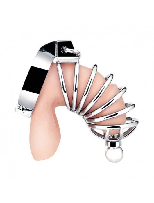 Серебристая клетка для члена Urethral Play Cage - BlueLine - купить с доставкой в Люберцах