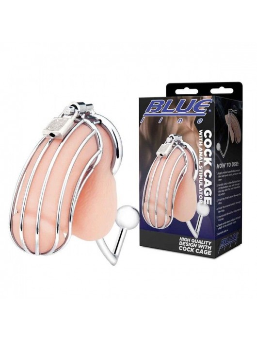 Серебристая металлическая клетка с анальным стимулятором Cock Cage - BlueLine - купить с доставкой в Люберцах