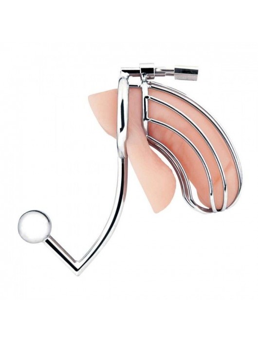 Серебристая металлическая клетка с анальным стимулятором Cock Cage - BlueLine - купить с доставкой в Люберцах