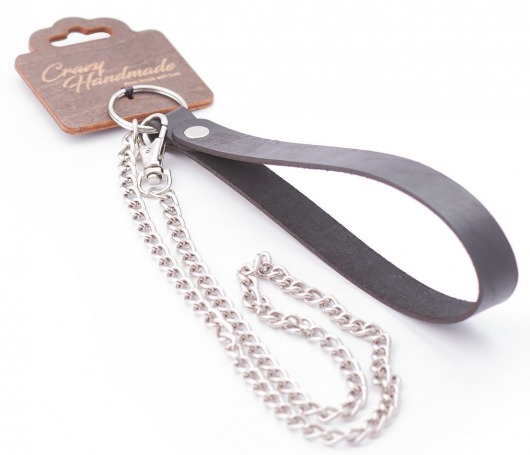 Серебристый металлический поводок с кожаной черной ручкой - 80 см. - Crazy Handmade - купить с доставкой в Люберцах