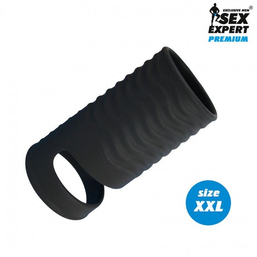 Черная открытая насадка на пенис с кольцом для мошонки XXL-size - 9,4 см. - Sex Expert - в Люберцах купить с доставкой