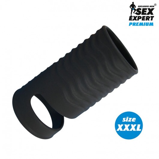 Черная открытая насадка на пенис с кольцом для мошонки XXXL-size - 9,9 см. - Sex Expert - в Люберцах купить с доставкой