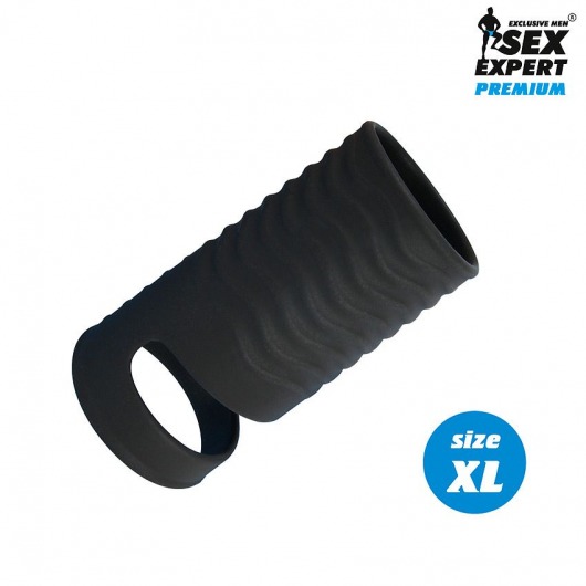 Черная открытая насадка на пенис с кольцом для мошонки XL-size - 8,9 см. - Sex Expert - в Люберцах купить с доставкой