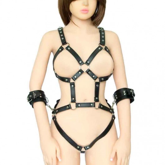Черное боди-портупея с пристегивающимися наручниками - Notabu - купить с доставкой в Люберцах